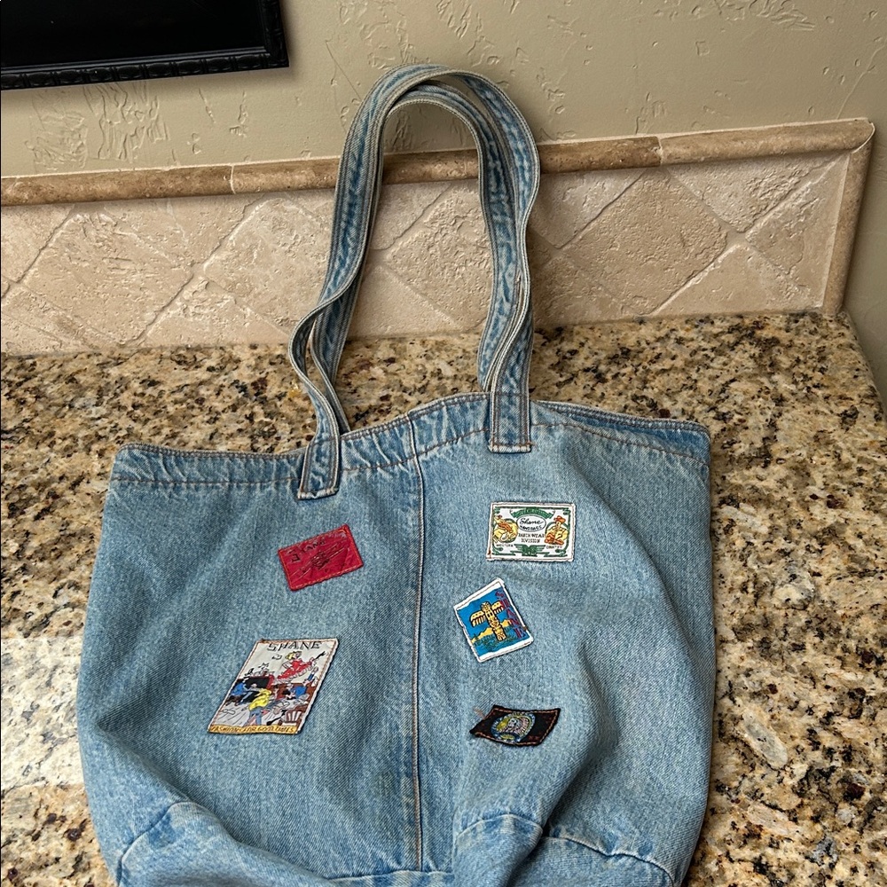 Vintage Hand Crafted Denim Tote with Colorful Patches - Picture 2 of 15